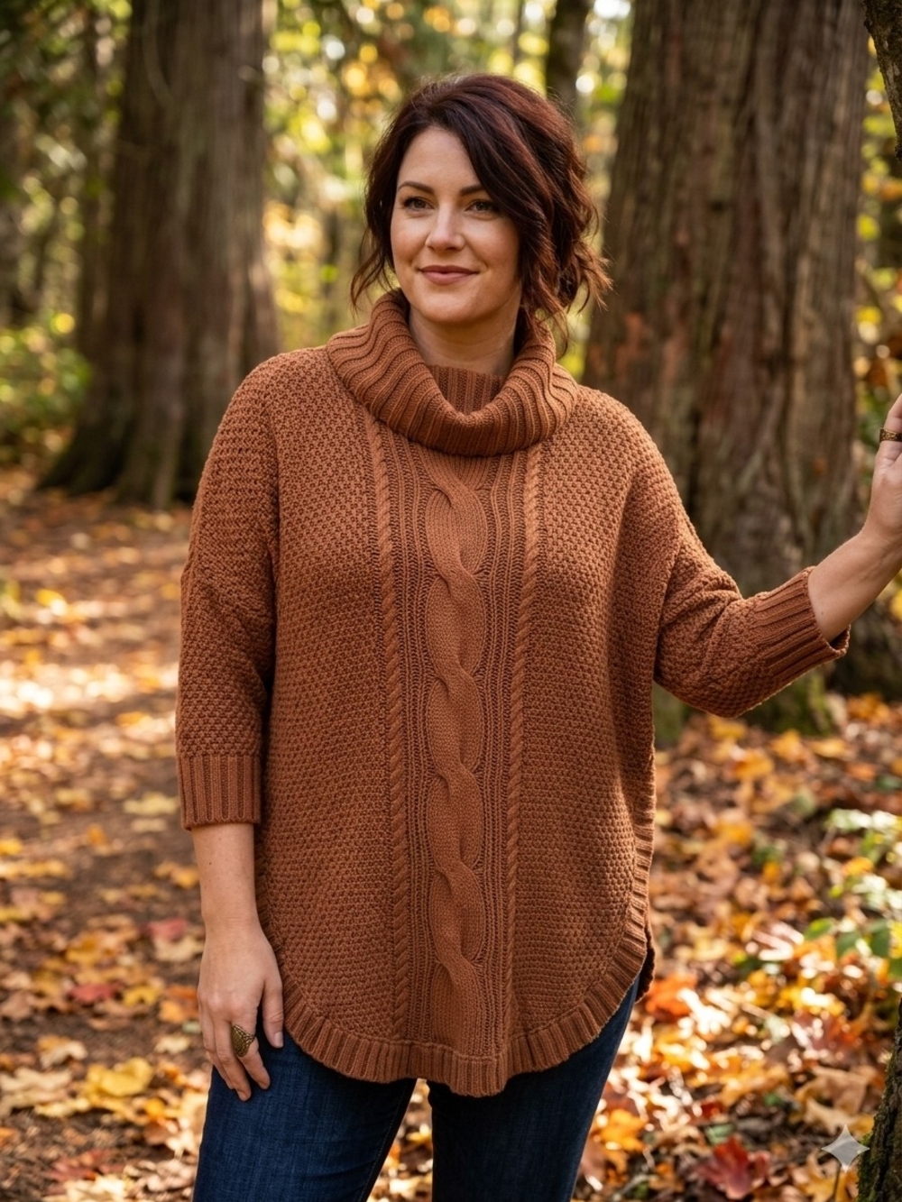 Express Cable Knit Cowl Neck 3/4 Sleeves Tunic Sweater Rust Brown Medium Classic